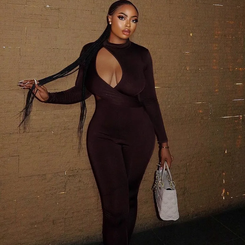 

BKLD Elegant Fashion Women Clothing Tight Solid Color Jumpsuit Long Sleeve Hollow Out One Pieces Pants Slim Fit Jumpsuits