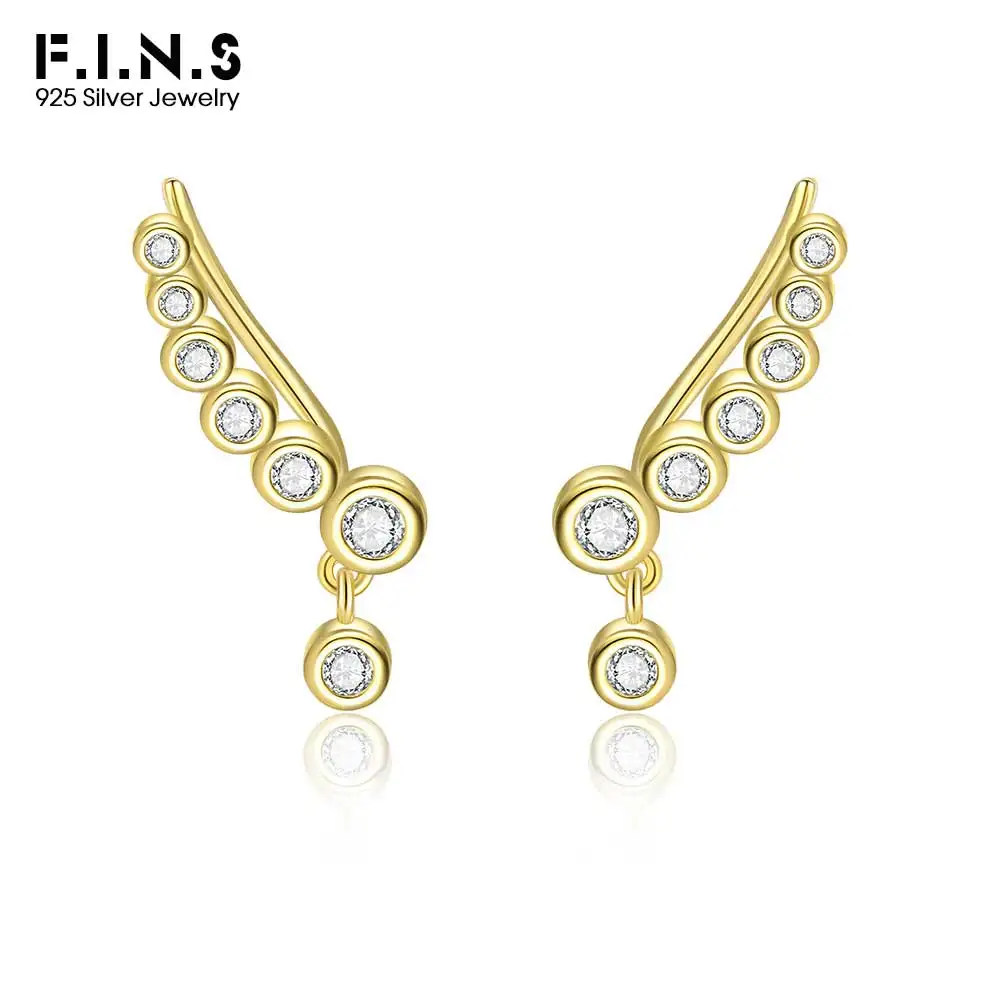 F.I.N.S S925 Sterling Silver Round Single-Row Glitter Zircon Stud Earrings Fashion Simple Piericng CZ Ear Climbers Fine Jewelry
