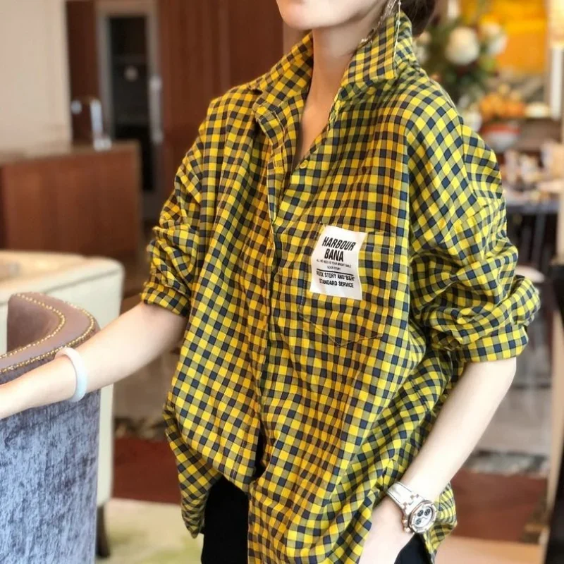 Spring Plaid Clothes Long Sleeve Yellow Tops for Women Green Womens Shirt & Blouse Tall Trend 2024 New Collection Elegant Luxury