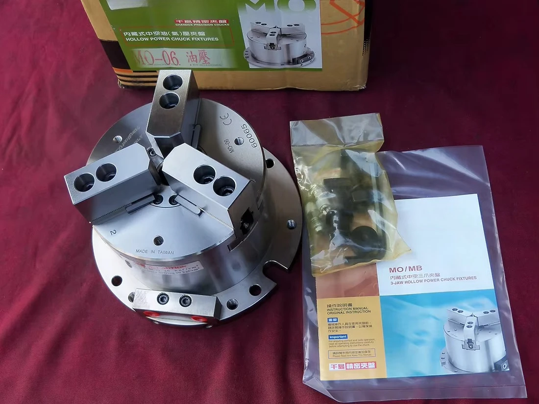 Acessórios de mandril de energia oca de fixação hidráulica pneumática de 3 mandíbulas para usinagem vertical 6 Polegada MO-04 06 MOT-04 06