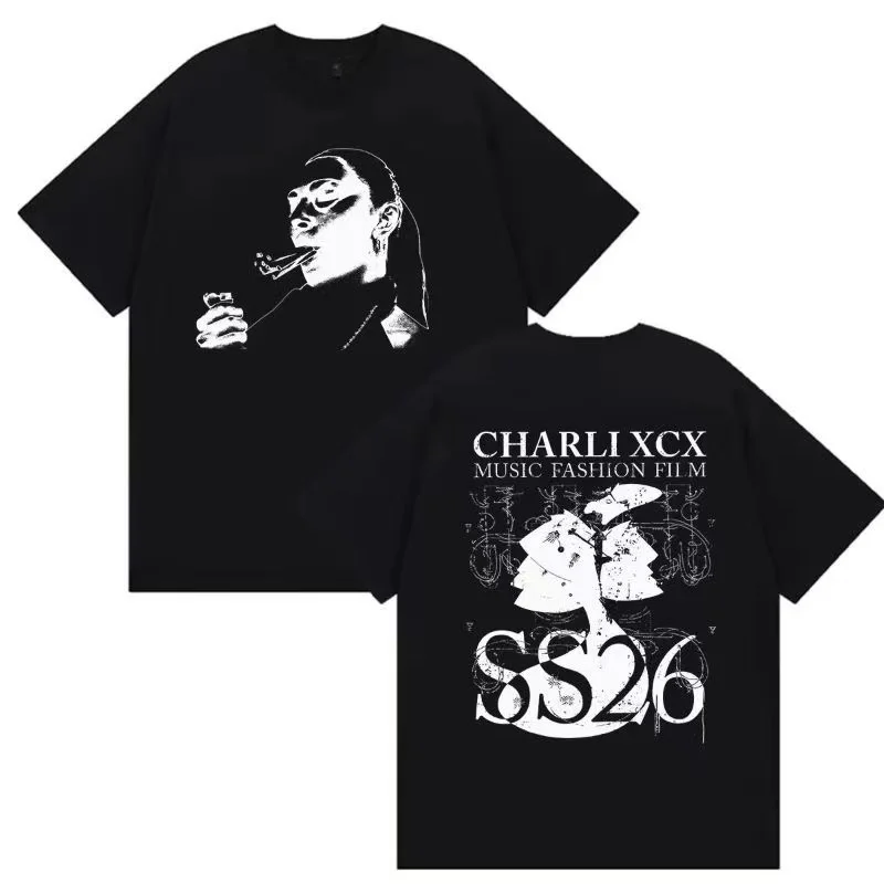 2026 Charli XCX Vintage Distressed Figure Sketch Graffiti Print T-shirt Men Women Oversized, Retro Street Short Sleeve Top
