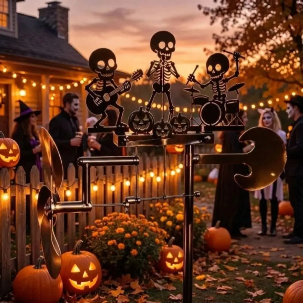 Rotating Halloween Skeleton Metal Drummer Wind Wind-Powered Artistic Musical Skull Garden Stake Spooky Heavy Duty