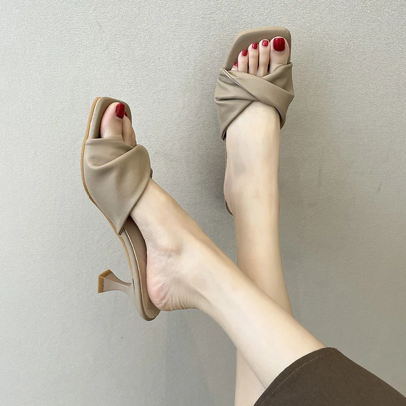 Summer New Simple High Heels Slippers Women's Square Head Open Toe PU Sandals Outdoor Wedding Party Evening Dress Pumps 35-42