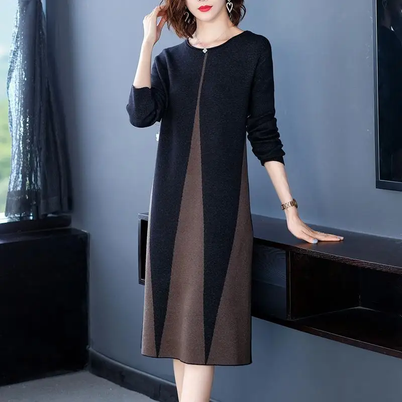 

Women Patchwork Long Sweater for Spring Autumn 2023 New Casual Loose O-neck Long Sleeve Bottom Sweater Dress Oversize