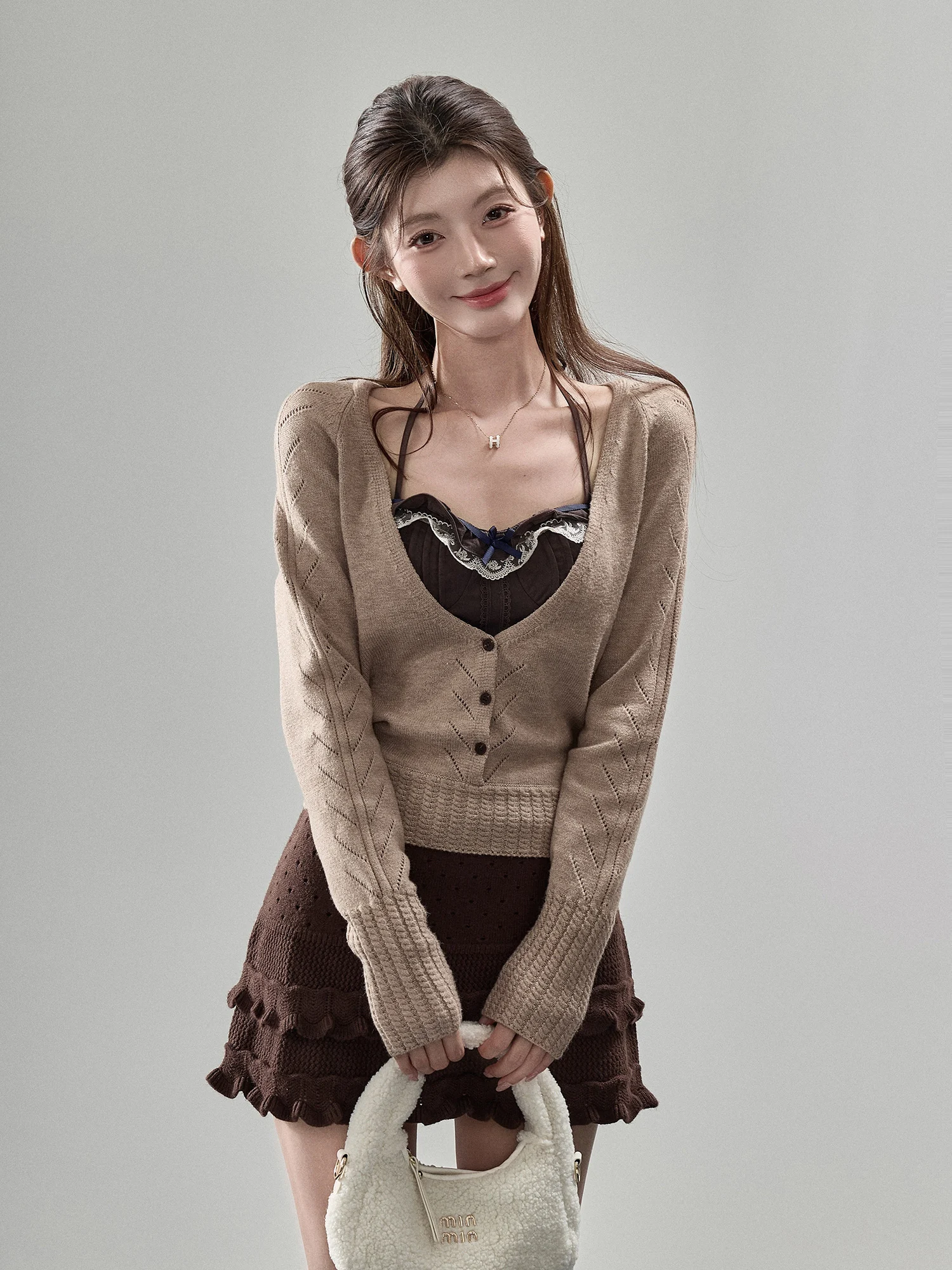 

Вязаный кардиган и комплект из двух предметов с бретельками для женщин: кружевное нижнее белье Pure Desire, повседневный облегающий крой, мягкая ткань