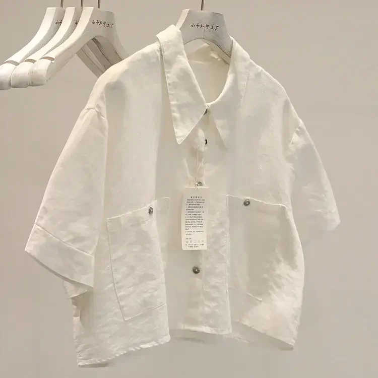 

Ретро-стиль, короткий рукав, хлопковая рубашка, женская летняя новинка, универсальный свободный топ