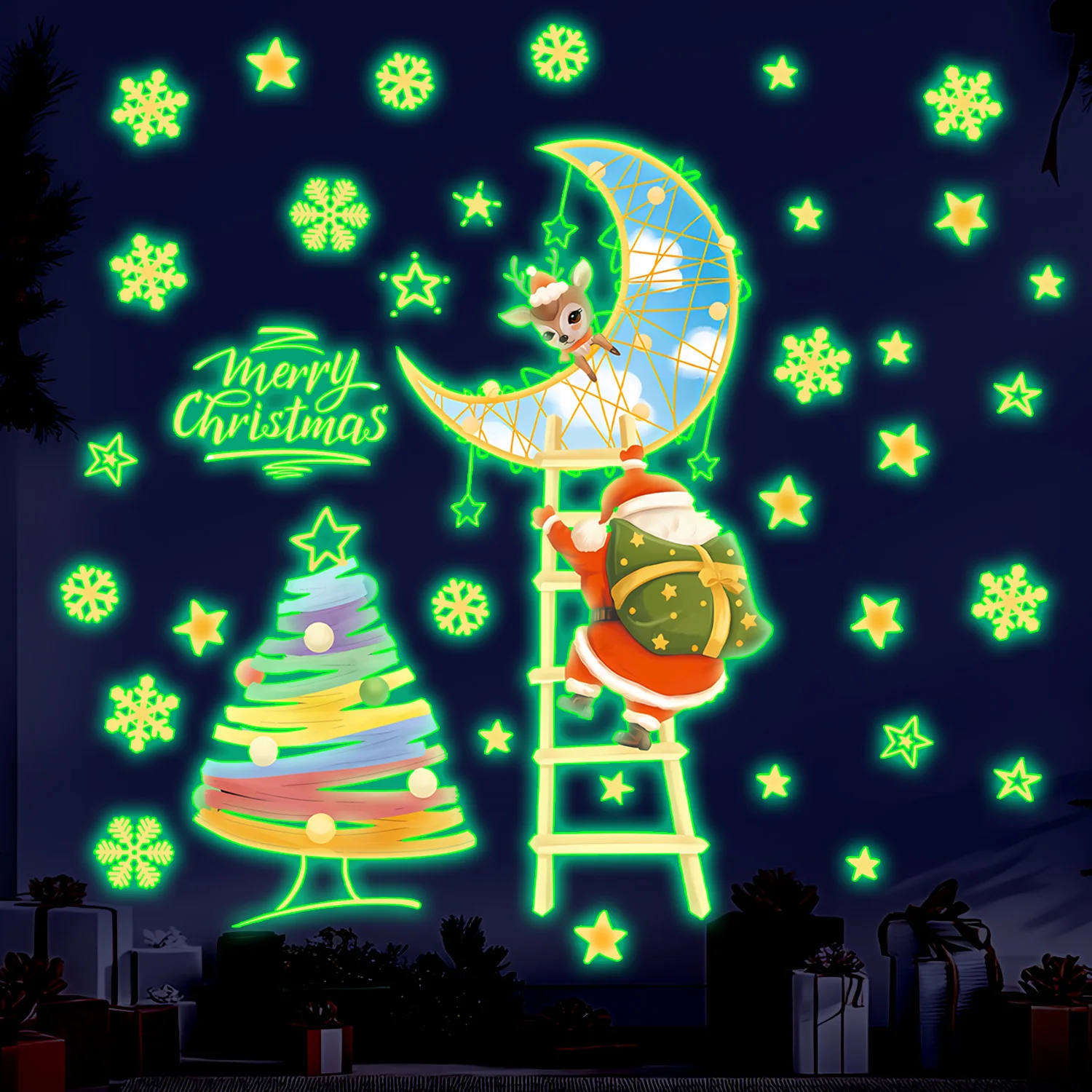 

Christmas night light wall stickers, Santa Claus, Christmas tree, stars and moon elements, holiday decoration stickers