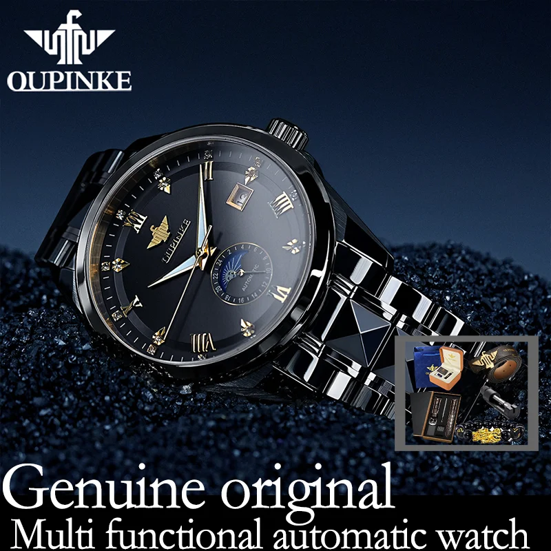 OUPINKE luxury man watch moon phase waterproof date luminous Automatic mechanical watch for man tungsten steel male wristwatch