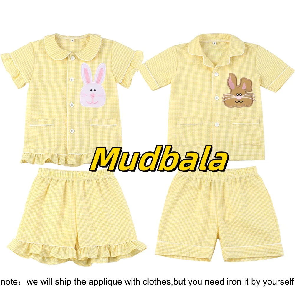 Mudbala Summer Easter 2025 White Seersucker Bunny Kids Pyjamas Set Boys And Girls Two Piece Pajamas Set