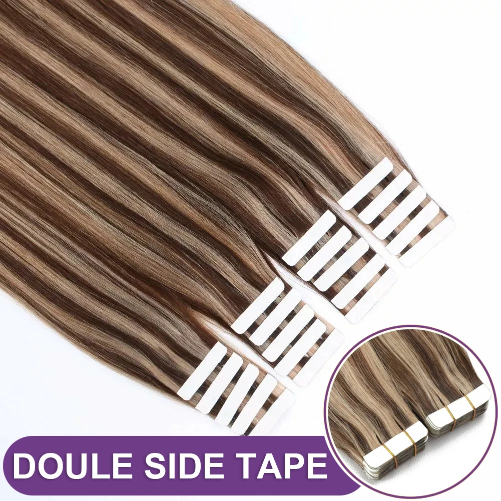 Double Side Adhesive Tape In Straight Hair Skin Weft Russian Remy Human Hair Extensions #4/27 Highlight Color Brown Tape Ins