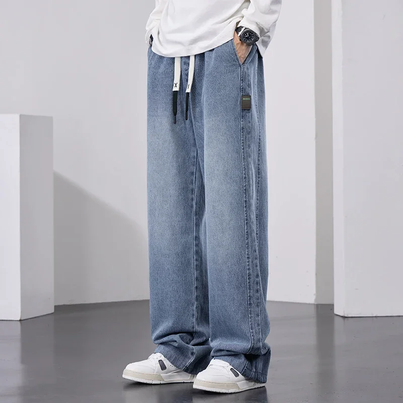 2025 New Wide Leg Jeans Men Plus Size 8XL 7XL 6XL Solid Color Drawstring Straight Denim Pants Casual Baggy Jeans Trousers Male