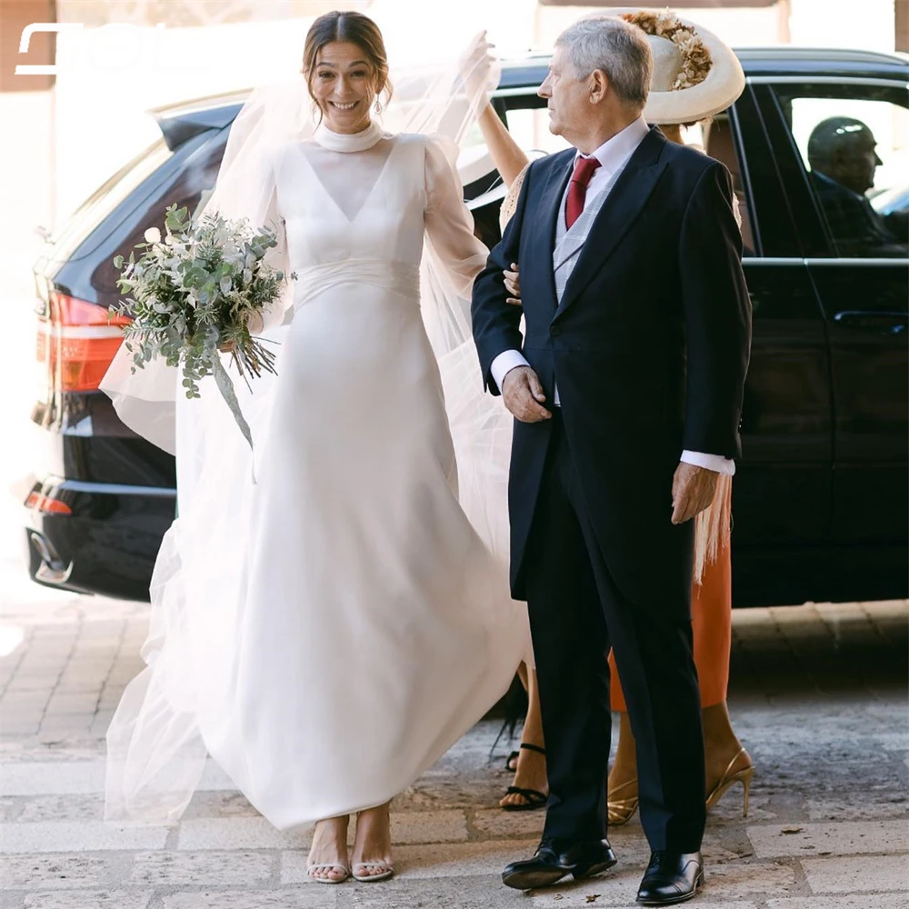 Vestido De Novia De satén con tirantes finos y cuello en V, traje sencillo De dos piezas, mangas largas De tul, estilo sirena