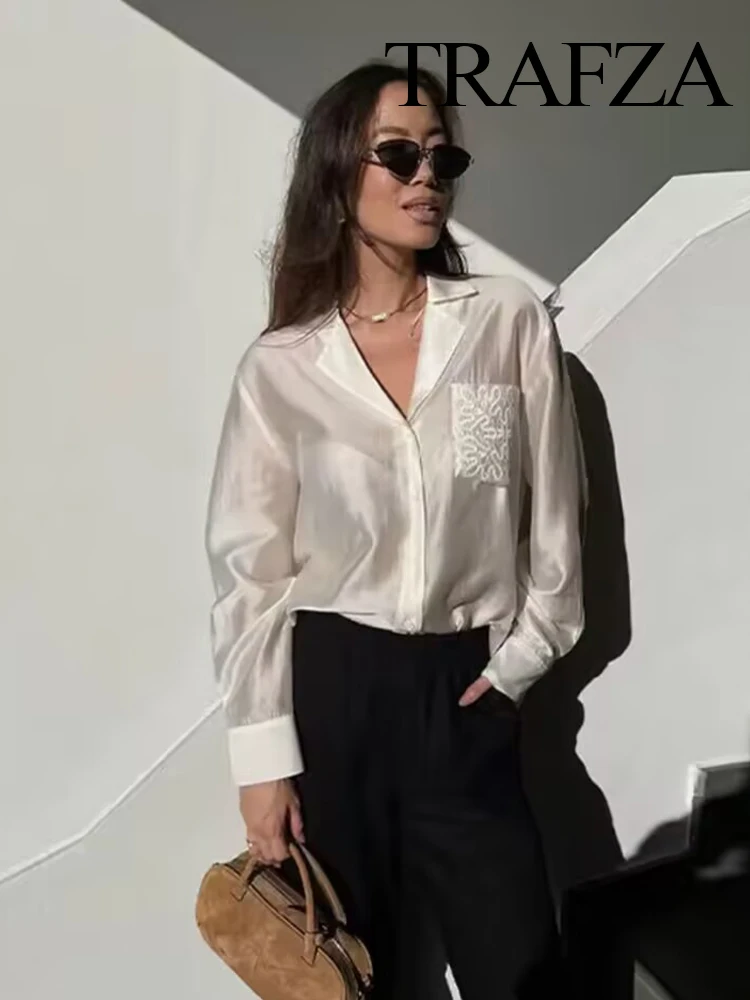 

TRAFZA Female Casual Single-Breasted Embroidery Decorate Slim Translucent Blouses Women Fashion Lapel Long Sleeves Loose Shirts
