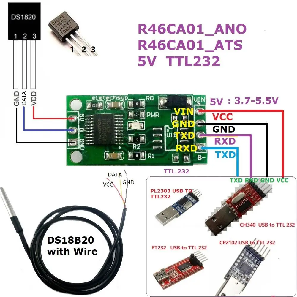 DS18B20 RS485 RS232 TTL Com UART Temperature Acquisition Sensor Modbus RTU Module DC 5V 12V F/ UNO PC PLC MCU