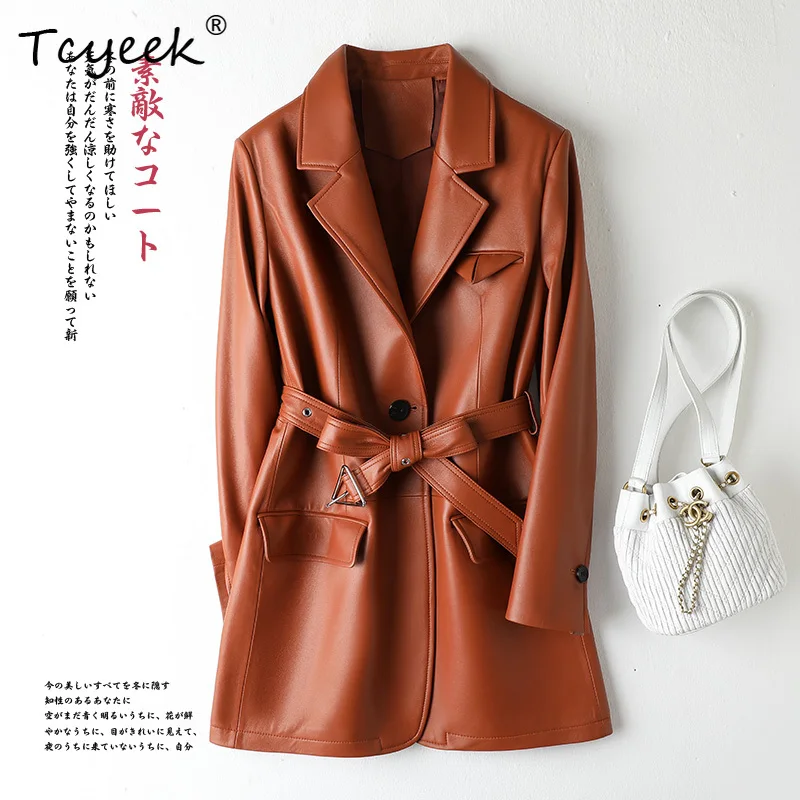 Tcyeek Strato superiore di pelle di pecora Primavera Autunno di media lunghezza Colletto del vestito Giacca da donna in vera pelle alla moda Ж Dönishiжаusus Куртка