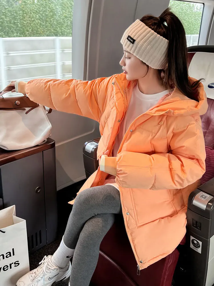 

Winter Long Sleeve Solid Color Women Trendy Orange Hooded Zipper Padded Jacket Female Large Size Loose Warm Cotton Coat