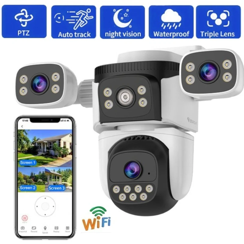 Outdoor Surveillance Camera Auto Track CCTV Webcam 3 Lens 3 Screen 5X Zoom PTZ Night Vision Waterproof 2-way Audio IP Camera 360