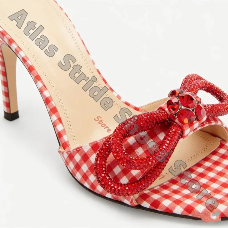 Women Red White Gingham Check Square Toe Mule Stiletto Sandals Beaded Crystal Bow Slip On Summer Vintage Fashion Heel Shoes