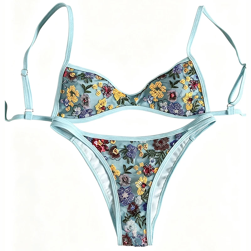 Sexy Blue Mesh Flower Embroidery Bikini Set 2026 Women Pleate Push Up Bra Thong Swimsuit Beach Holiday Bathing Suit Swimwear
