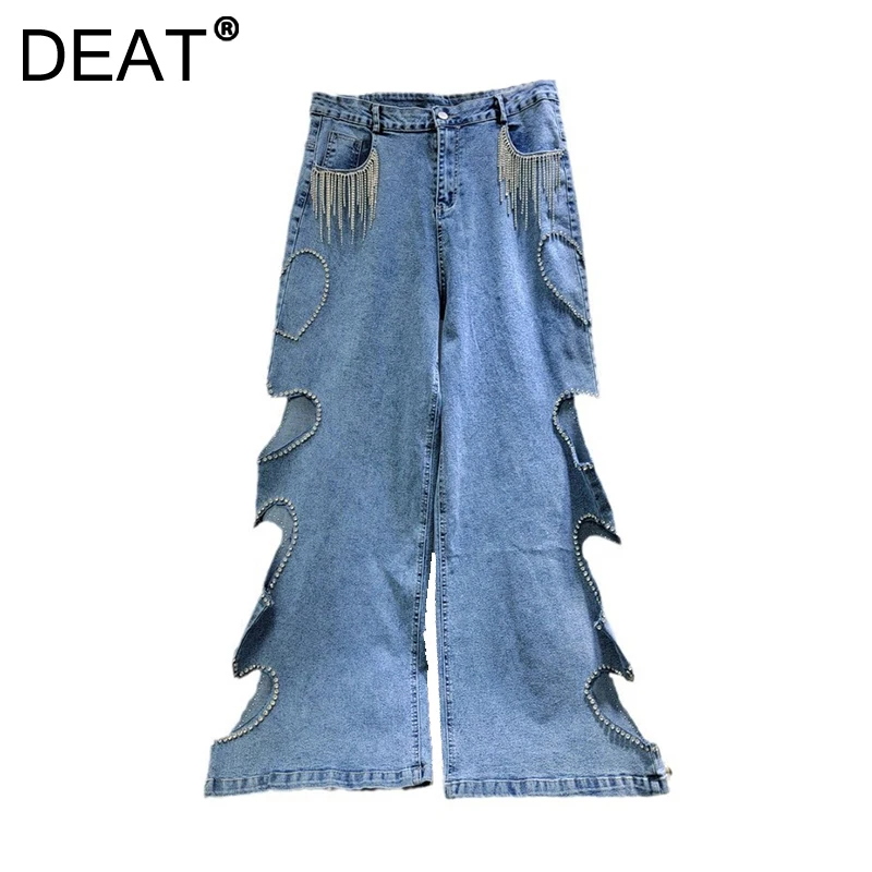 DEAT Women's Jeans Side Heart Hollow Out Diamonds Tassel High Waist Straight Loose Denim Pants 2025 New Fashion Spring 29L9320