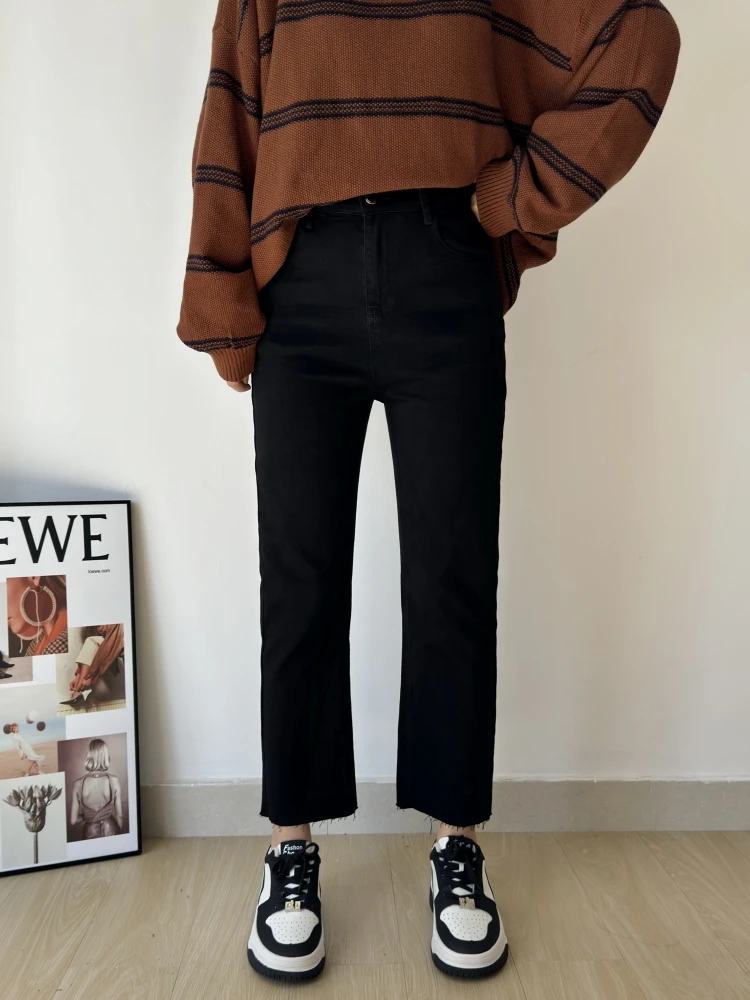 

High Waist Straight Leg Black Jeans Women's Spring Elastic Slimming Skinny Tube Pants Cotton Stretch Denim High Waist Jeans