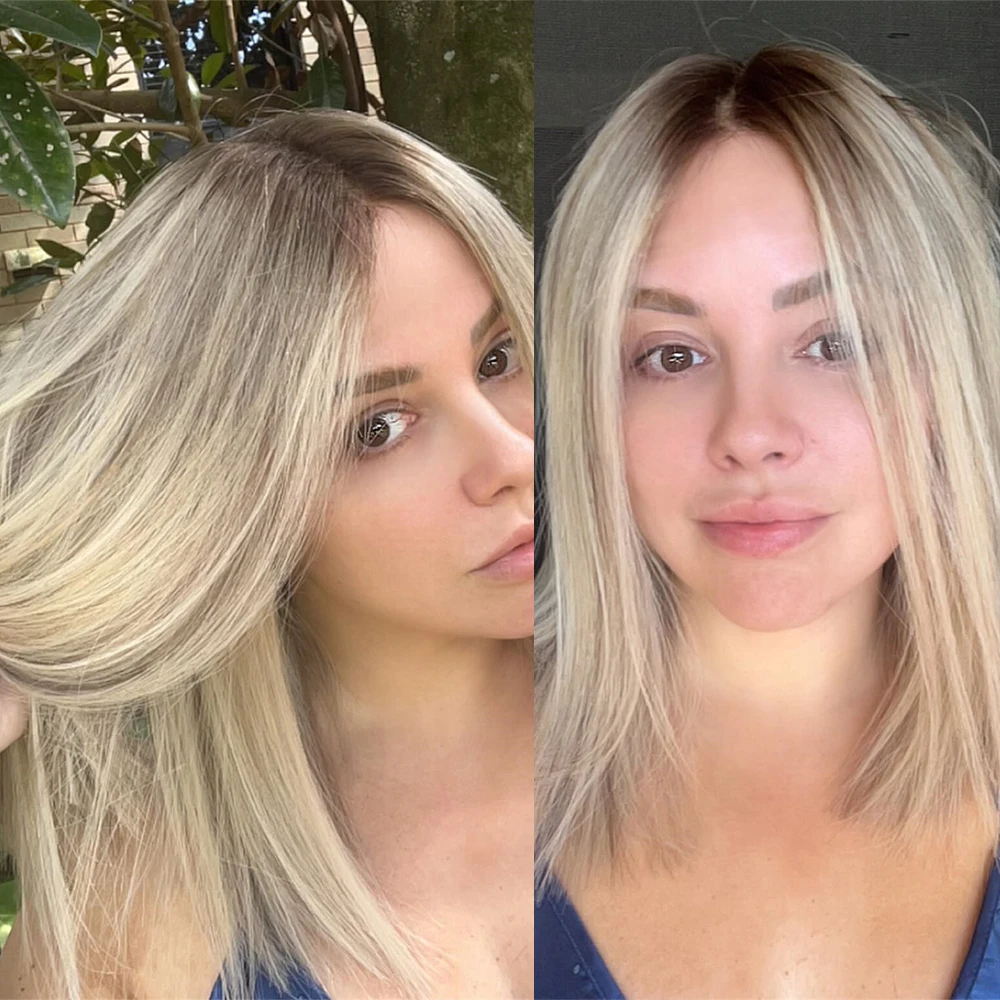 

Женский парик Боб 14 дюймов, прямой короткий парик спереди, темные корни, расплавленные 13x4, золотисто-русый, мелирование, синтетические парики из волокна премиум-класса