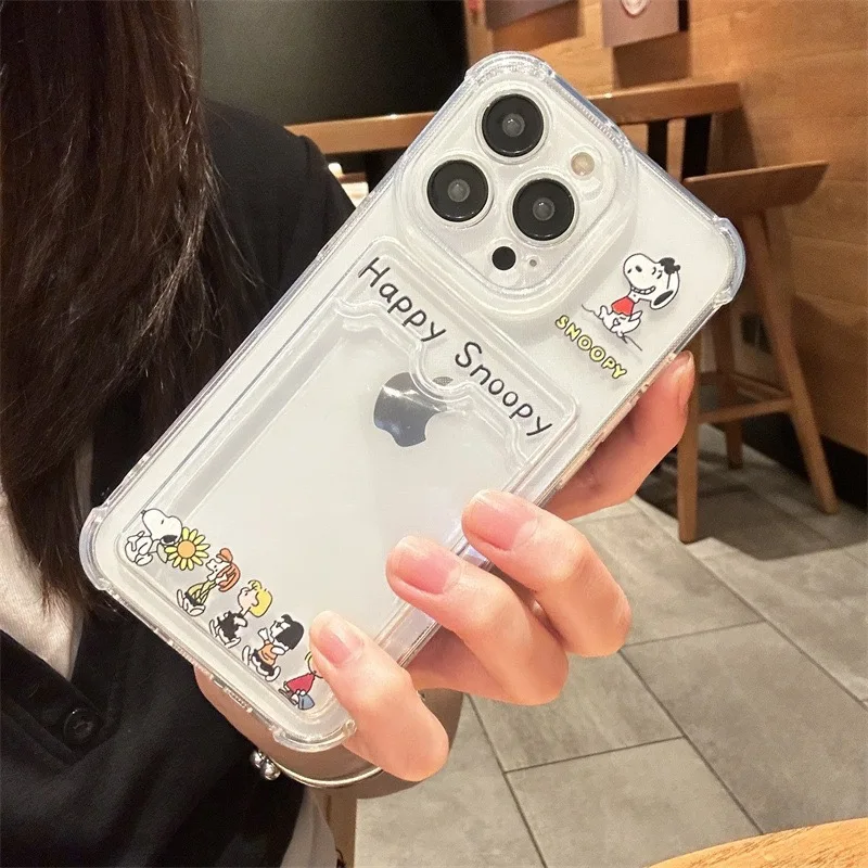 Interest Cartoon Cute Snoopy Wallet Card Bag Phone Case For iPhone 11 12 13 14 15 Pro Max X XR X 8 7 Plus Clear Soft Back Cover