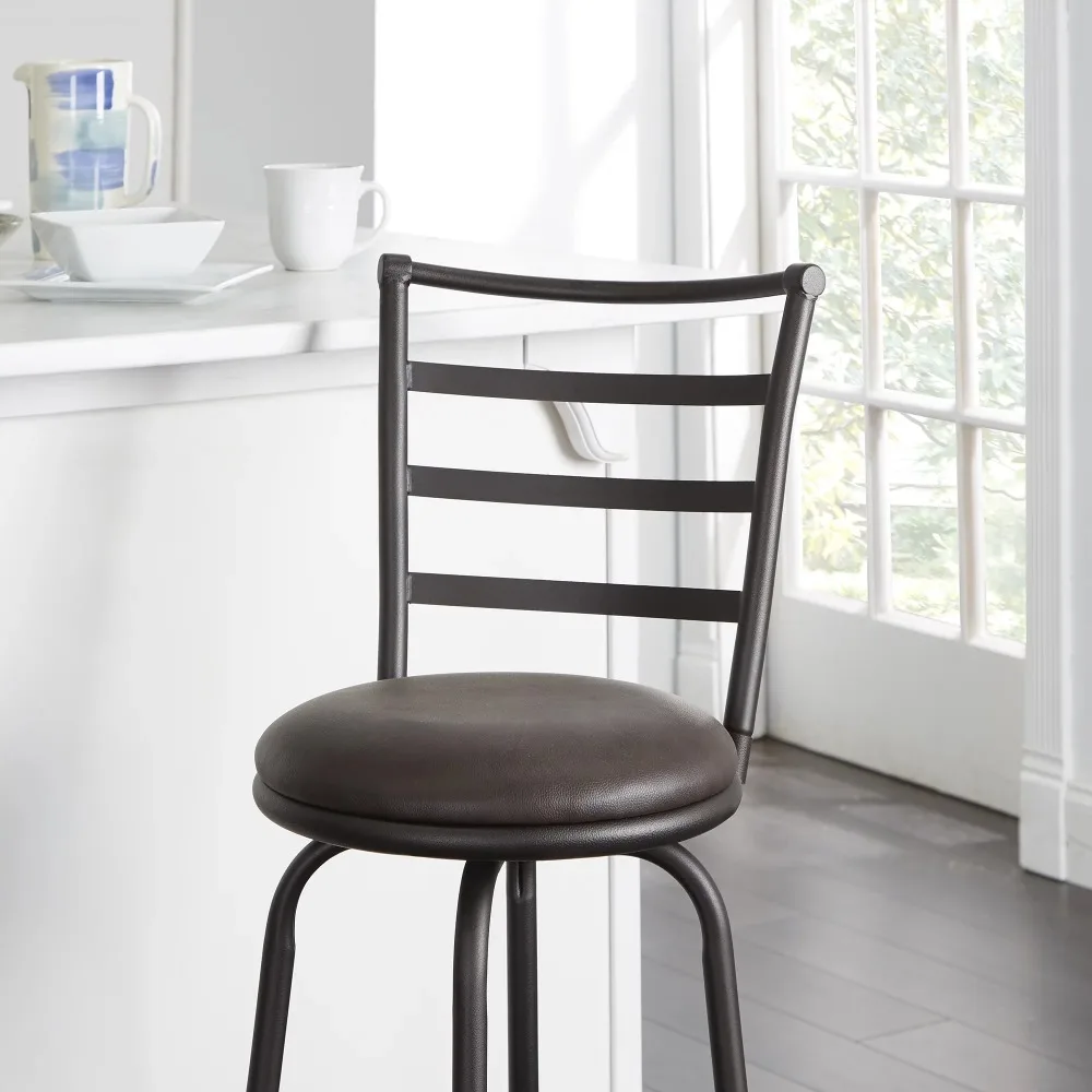 Ajustável Bronze Ladder Voltar giratória Barstool, Assento de couro Vegan Espresso, 24 "ou 29", 3 Pacote