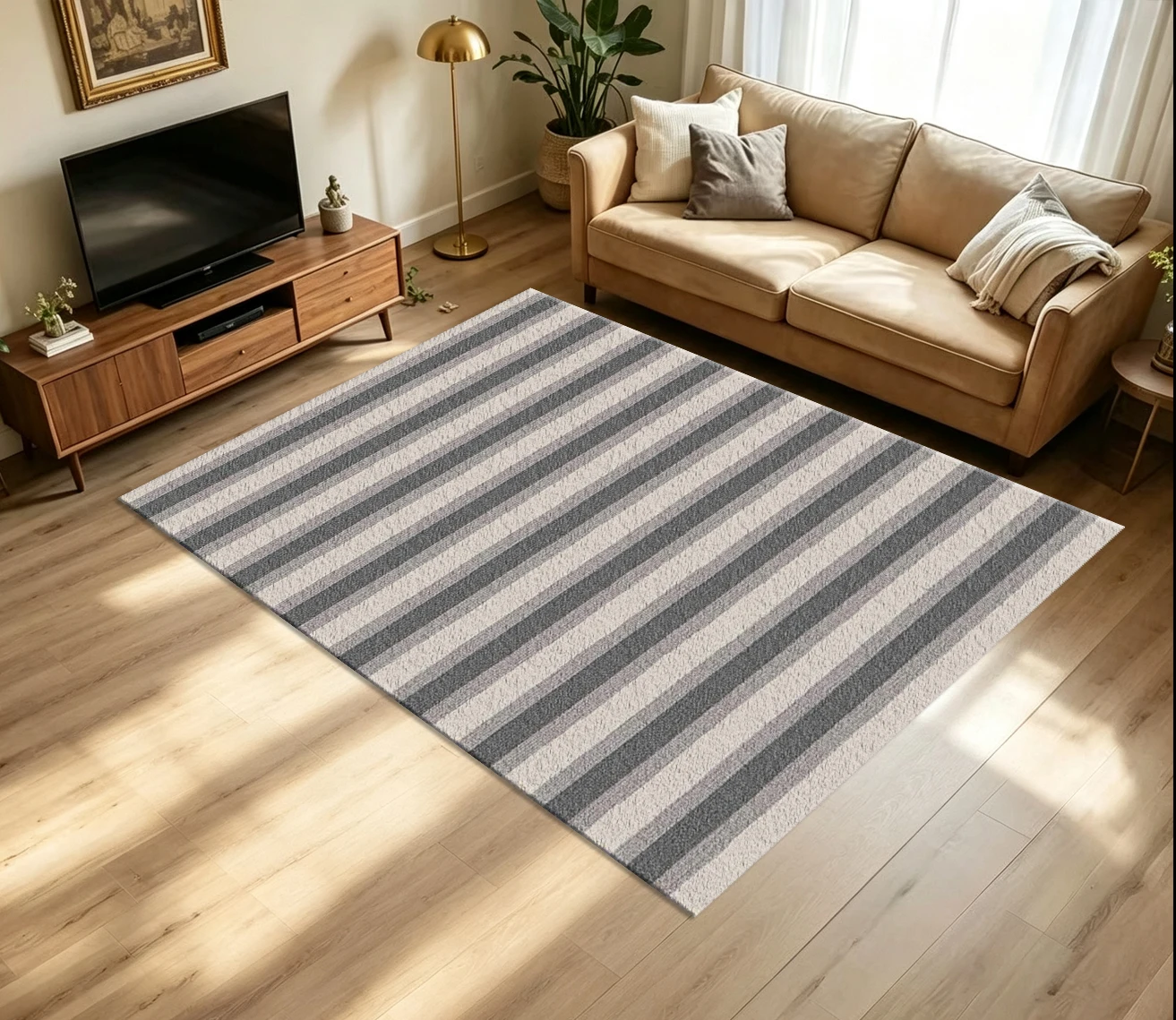 Neutral Grey Beige Vertical Stripe Carpet Flooring Simple Classic Striped Seamless Pattern Printed Floor Rug for Household Indoor Minimalist Home Decoration