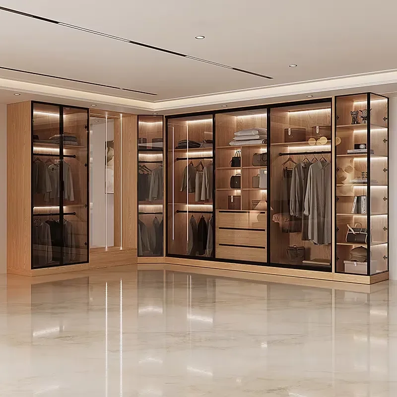 Solid Wood Sliding Door Wardrobe with Glass Double Doors Bedroom Storage Cabinet Clothes Closet Home Furniture