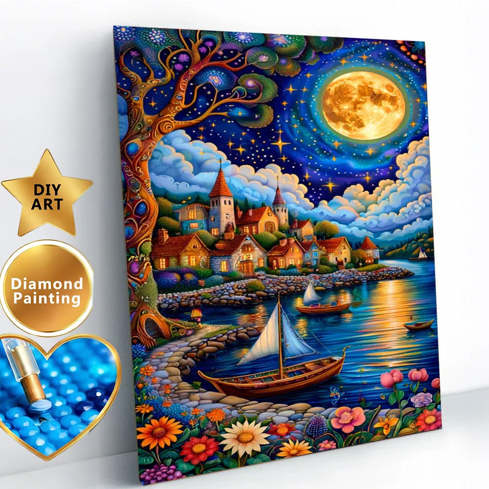 AZQSD Full Drill Diamond Painting House Landscape Seaside Sailboat Moon Tree Diamond Mosaic 5d Harbor Flower Home Decor