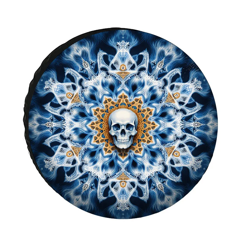 Polyester Fiber Skull Mandala Tire Cover With Golden Sun Pattern And Blue-White Flame Lace Design, Deep Blue Starry Background C