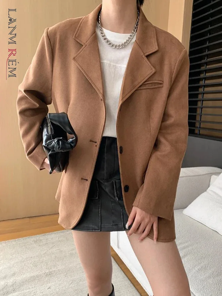 

[LANMREM] Office Lady Blazers For Women Notched Single Breasted Long Sleeve Minimalism Jackets 2024 Autumn New Coat 26D9913