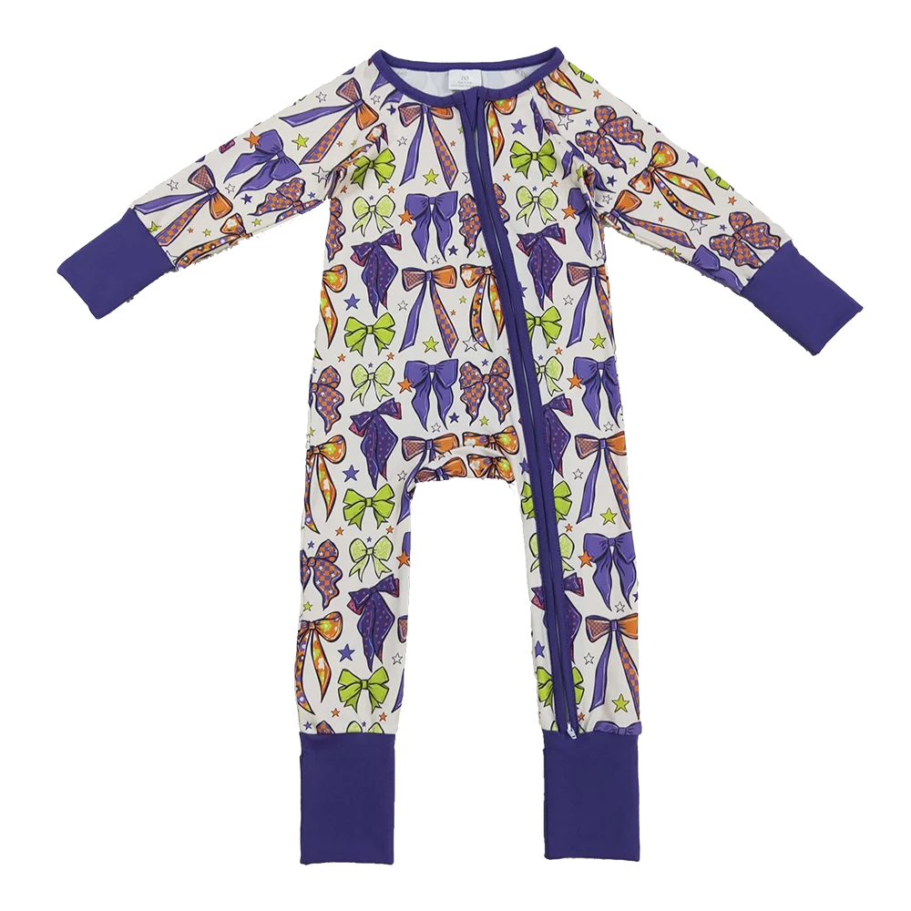 

9.17 Wholesale Autumn hot sale western boutique onesies Baby Girls Long Sleeves Purple Bows Zipper Footie Rompers