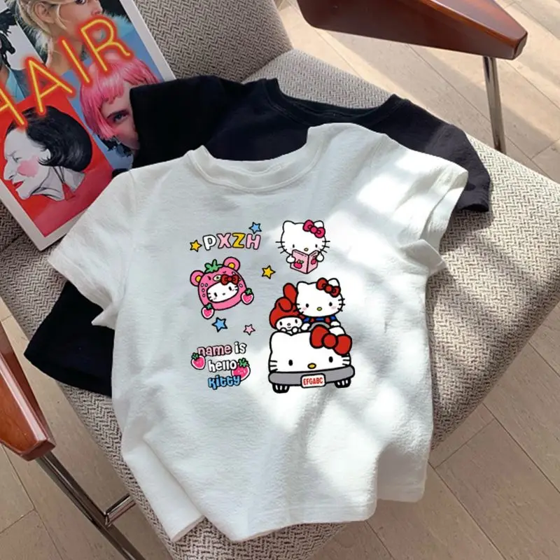 Hello Kitty Sanrio Grey T-shirt Kawaii Cartoon Print Cotton Tops O-neck Oversized Shirts Streetwear Splicing Top Women Clothing