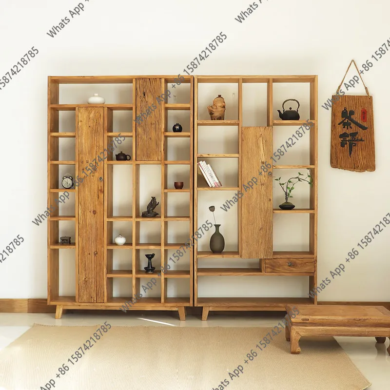 

Old elm bookshelf set Solid wood bookcase Floor combination bookcase shelf Full wall display storage bookshelf
