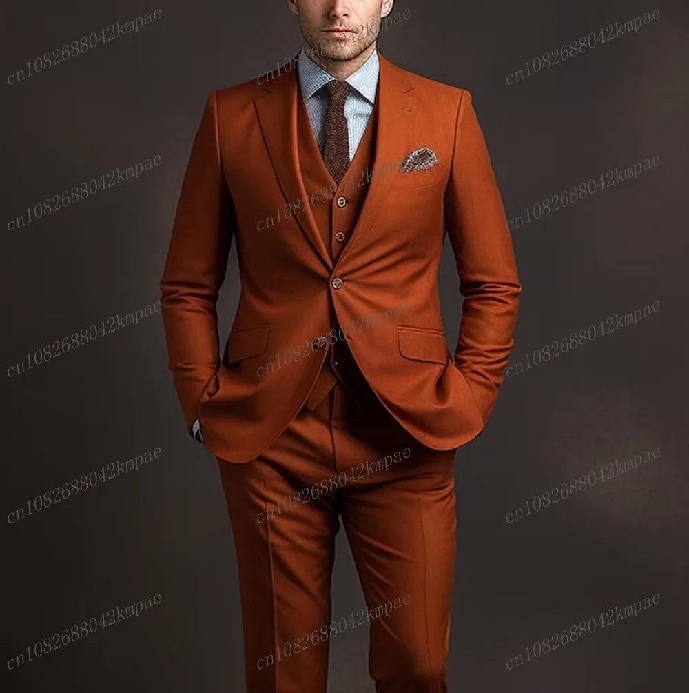 

New Dark Orange Men Suit Formal Occasion Groom Groomsman Wedding Party Prom Business Tuxedos Male 3 Piece Set Blazer Vest Pants