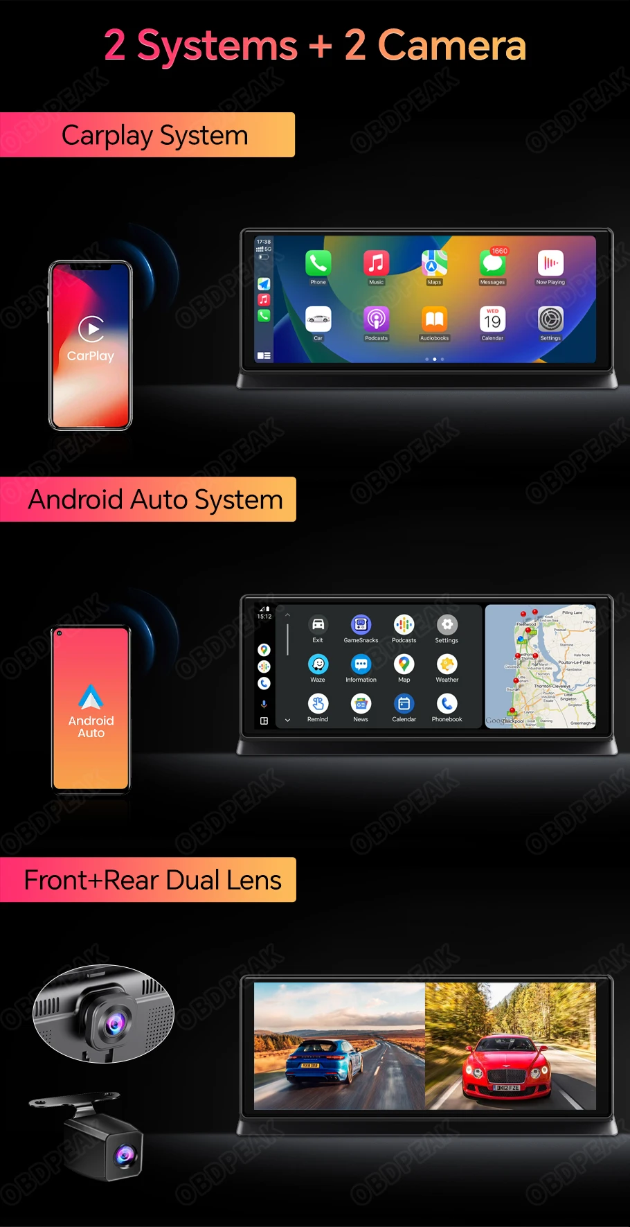 K2 Pro 11.3" Dash Cam 4K 2160P Car DVR Recording Carplay & Android Auto Wireless Connection 5G WiFi GPS Navigation Dashboard