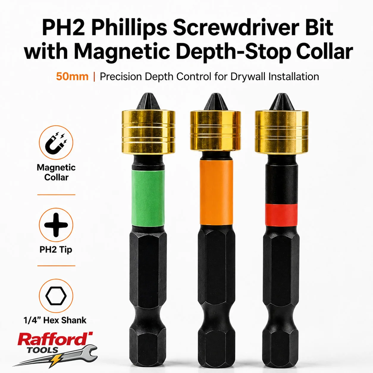 Rafford PH2 Magnetic Drywall Screwdriver Bits 50mm Depth Stop Collar 1/4