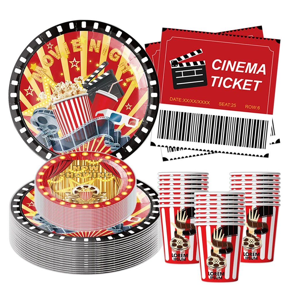 Assiettes de nuit de film, serviettes et tasses, fournitures de fête de film, décorations de fête d'anniversaire pour enfants garçons et filles, thème de nuit de film d'anniversaire