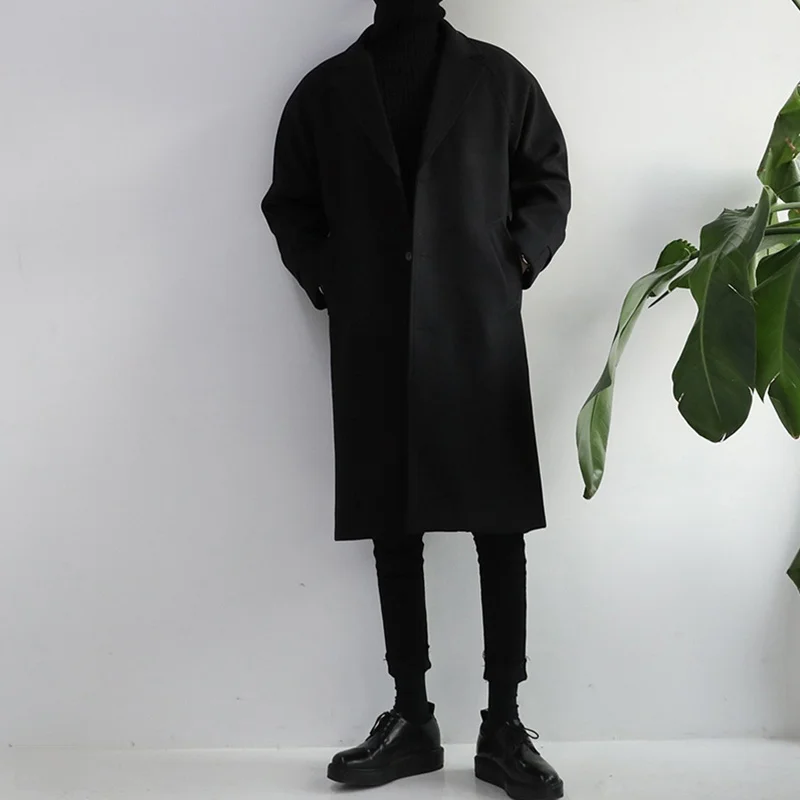 

Корейское мужское шерстяное пальто средней длины в британском стиле, свободного кроя, модное, весенне-осеннее, ветрозащитное, ниже колена, с воротником-стойкой