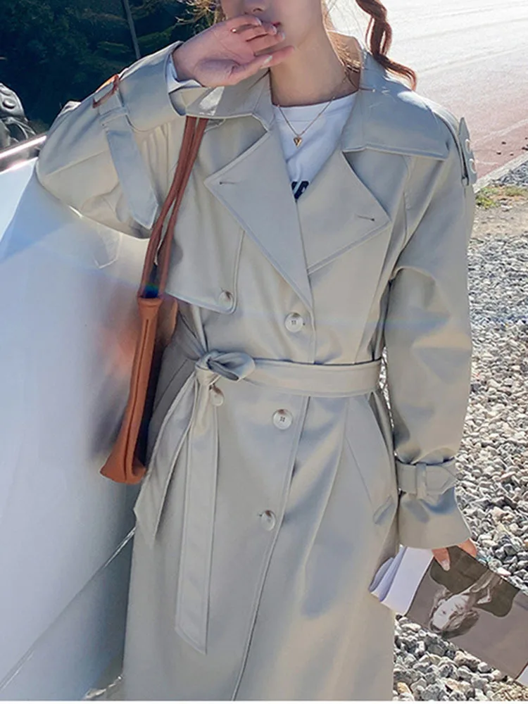 BZVW Trench vintage stile coreano All Match Risvolto doppio petto in pelle PU elegante giacca lunga donna 2024 Primavera Autunno