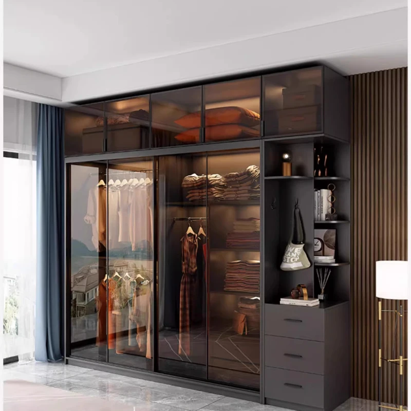 

открытая гардеробная, деревянный шкаф для спальни, удобная комната для одежды, стеклянный шкаф для одежды, мебель для хранения одежды в спальне