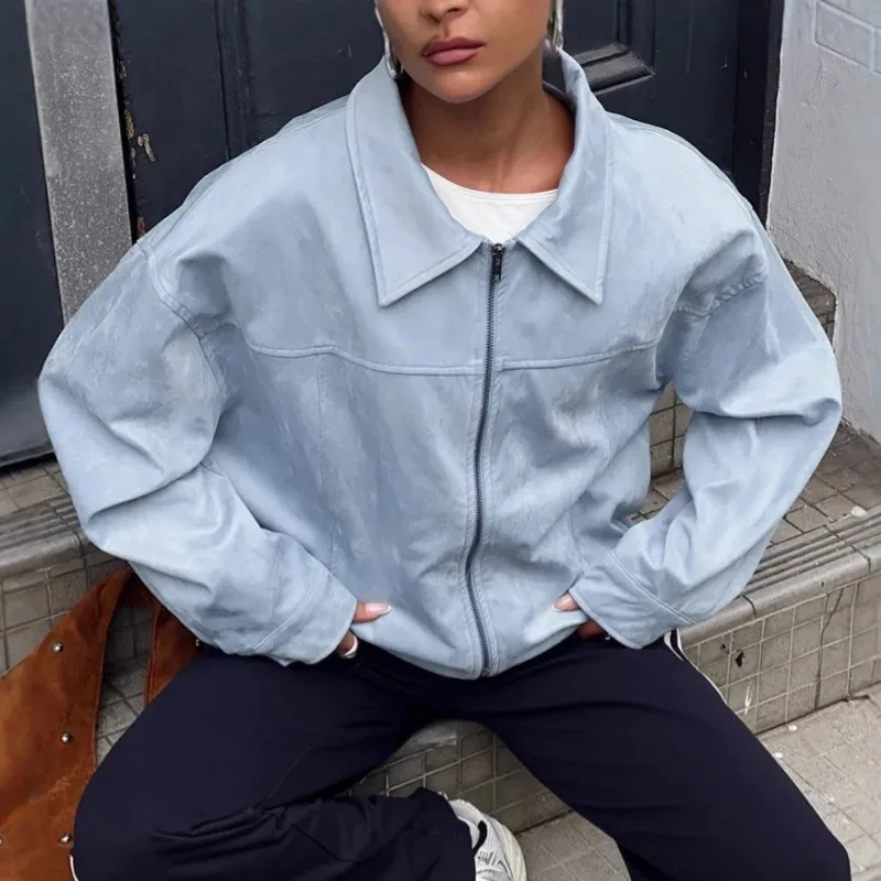 

European and American Unisex Casual Blue Suede Faux Fur Coat for Women 2025 Winter Cross-Border Fashion Loose Lapel Jacket Top