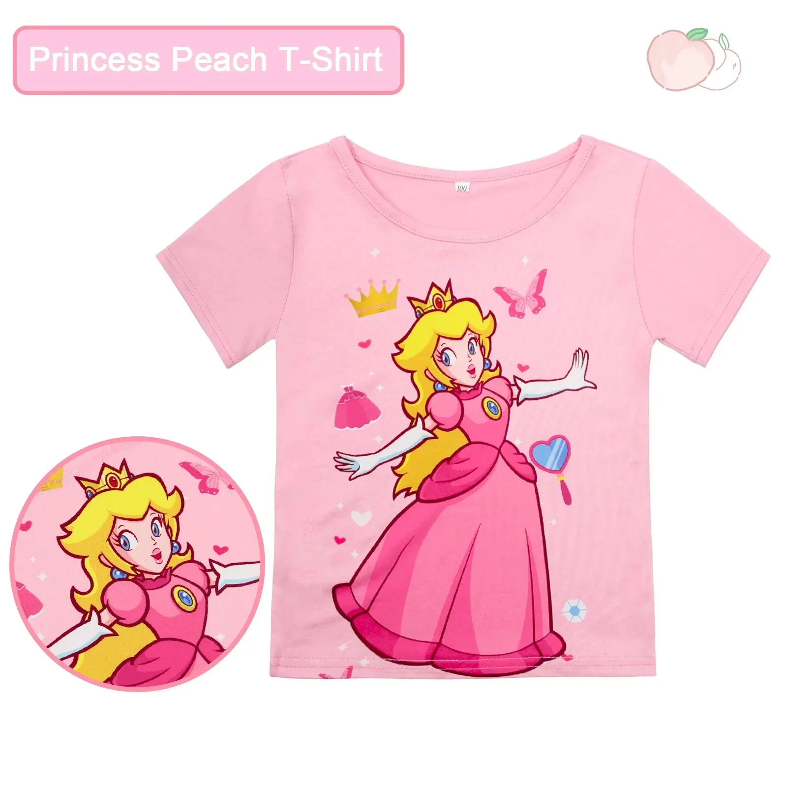 Girls Peach Princess Tutu Skirt Set Pink Clothes T-shirt+Skirt+Bag 3pcs Suit Super Bro Children Cosplay Costume Party Birthday