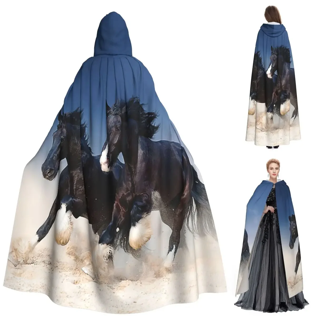 Horse Herd Black Horses Galloping Sand Sky Long Hooded Cloak Witch Medieval Costume Cosplay Cape HalloweenCoat Adult Unisex
