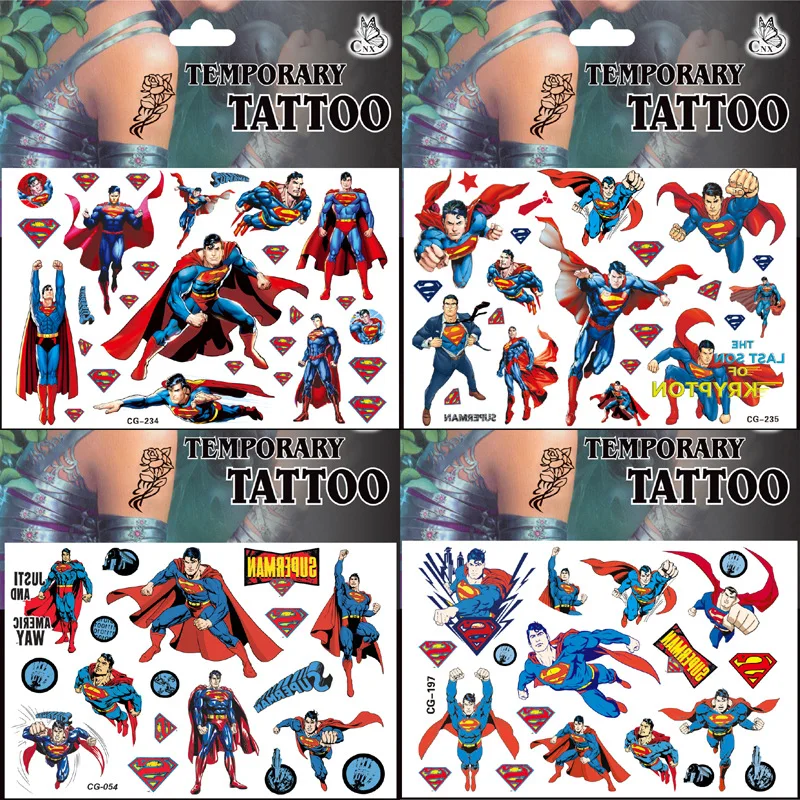 Superman Tattoo Stickers Waterproof Cute Sticker Anime Birthday Party Supplies Decoration for Kids Reward Toy Christmas Gift