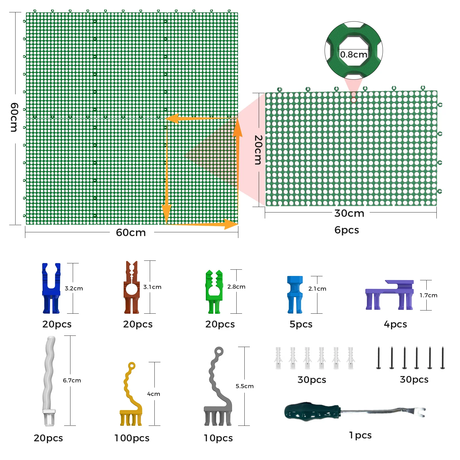Plastic Pegboard wall storage kit, 6panels green 40 x 91cm, 200accessories, hooks, clips, and boxes, modular tool storage board