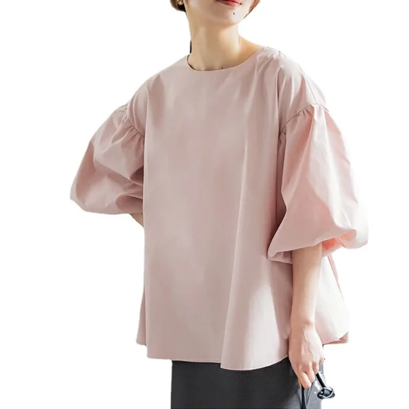 Camisa de algodón holgada para mujer, Top de manga farol de gran tamaño, cuello redondo, Regular, informal, para todas las estaciones, Japón, Corea, verano, nuevo