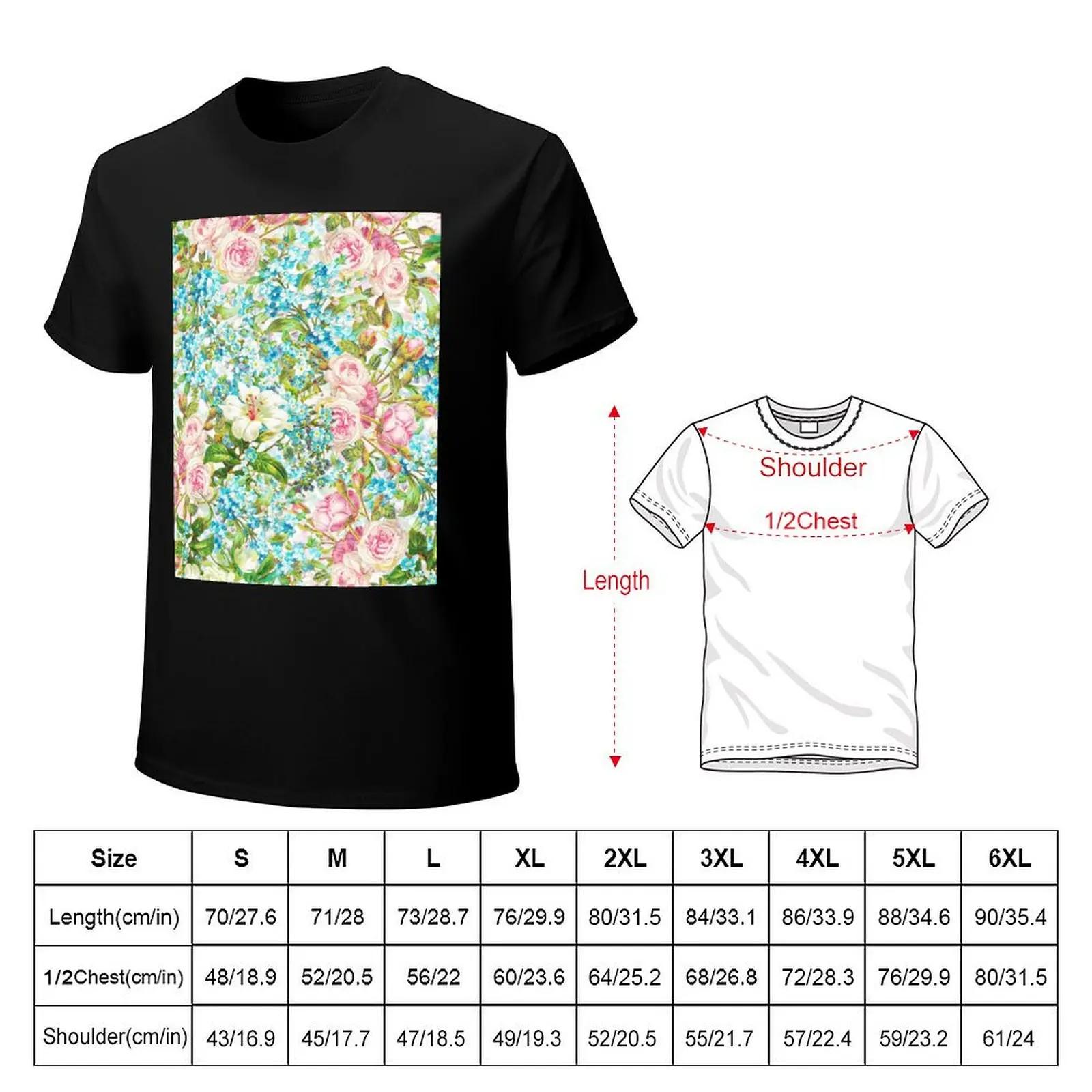 Pink Roses and Forget-me-not Botanical Garden T-Shirt t shirt man plain T-Shirt